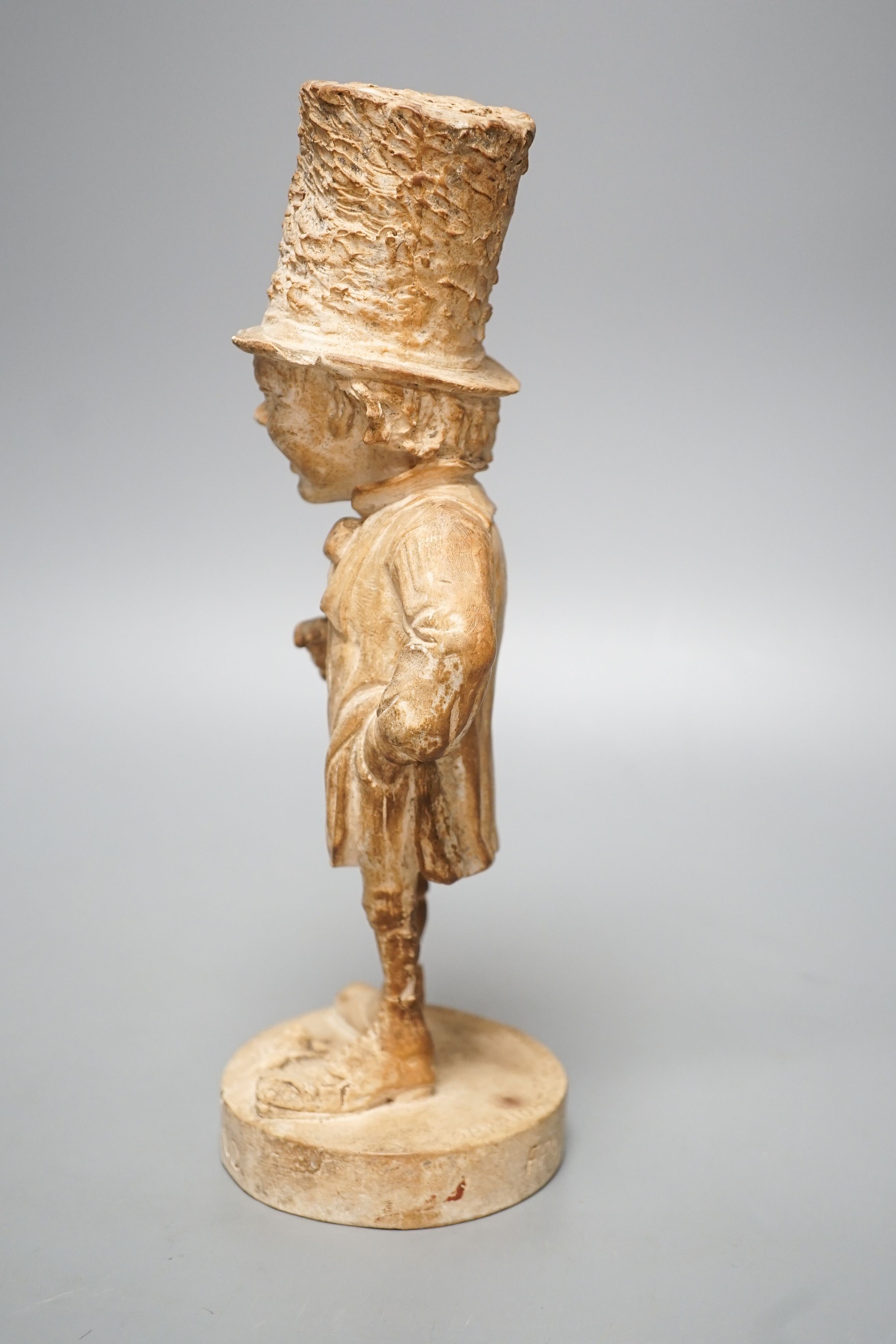 A plaster character figure, 'England, Feb 17 - 1880, Copyright of Ch, Cortopassi, Sc’ 27cm